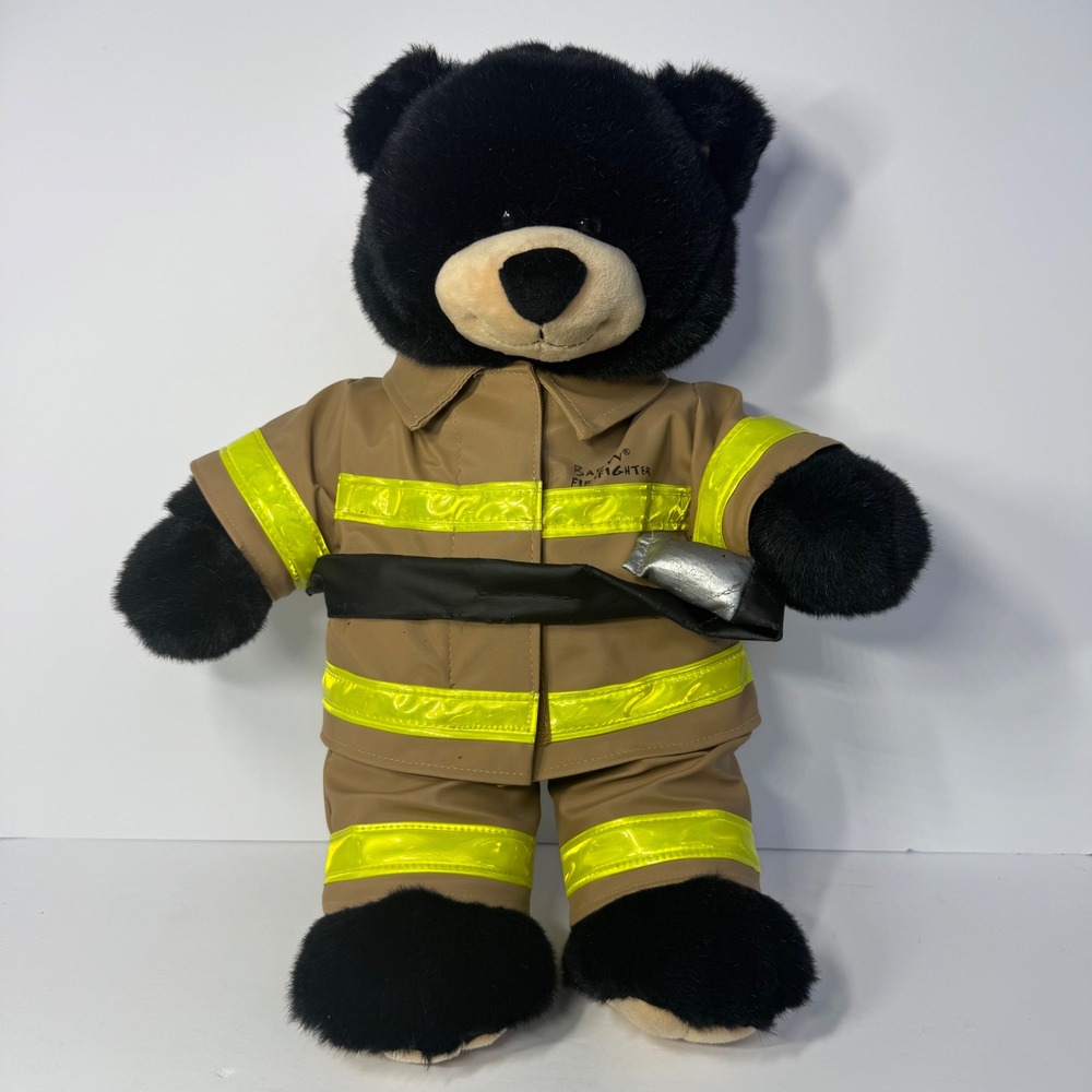 Build-A-Bear Workshop Black Teddy Bear Tan Firefighter Uniform Plush Toy BABW